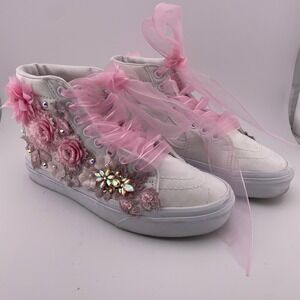 Custom Vans Sk8 Hi MTE White Pink Flower Embellished Sneakers US 6.5 Wedding